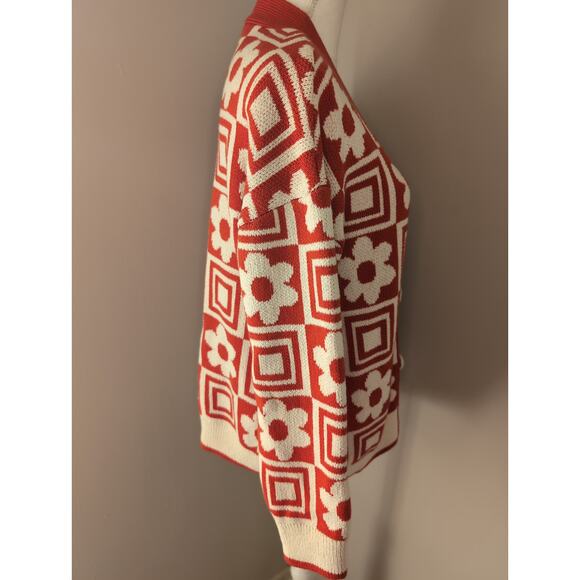 Zara Orange floral 90s funky geometric M knit button up sweater cardi - Picture 2 of 7